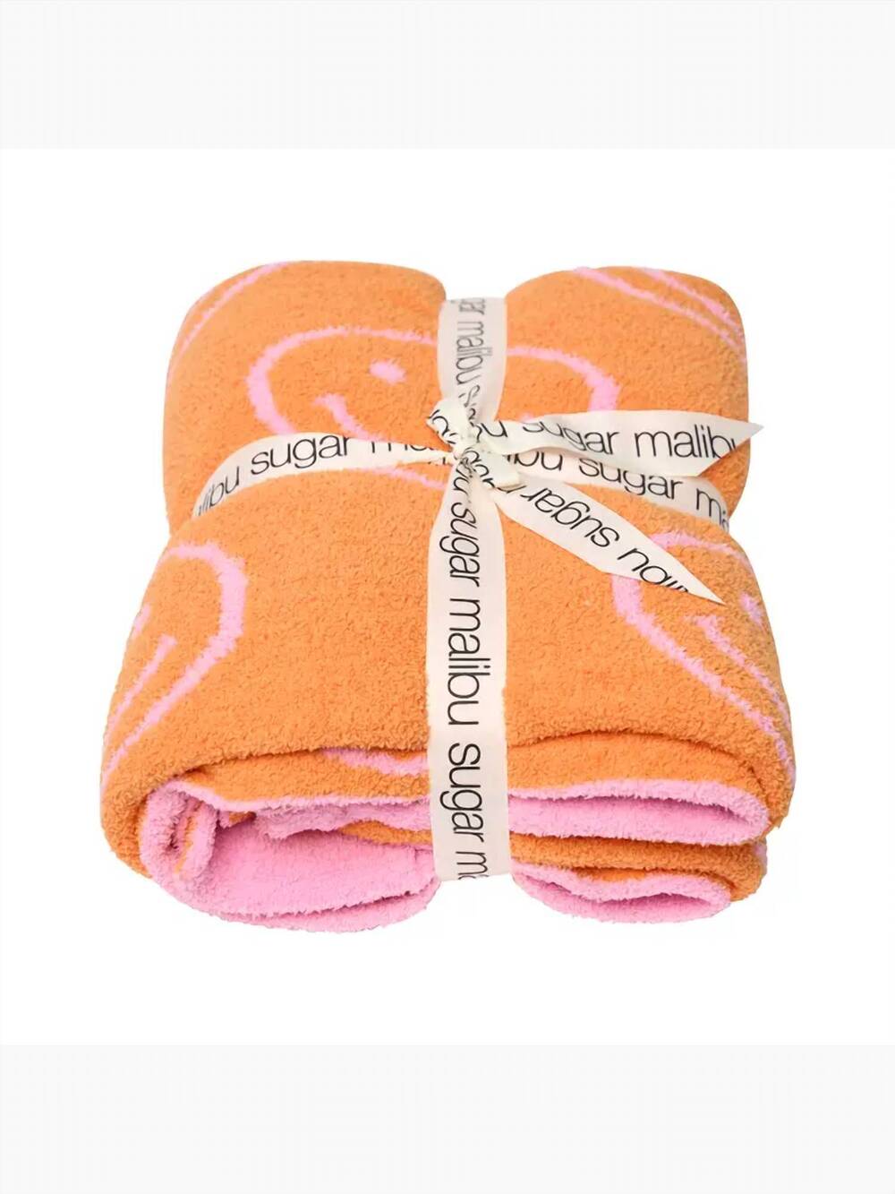 NEW MALIBU SUGAR two tone happy face reversible blanket in orange/pink